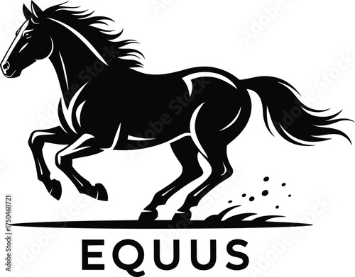Vector art illustration of a strong black horse in full gallop, a dynamic and stark emblem of power