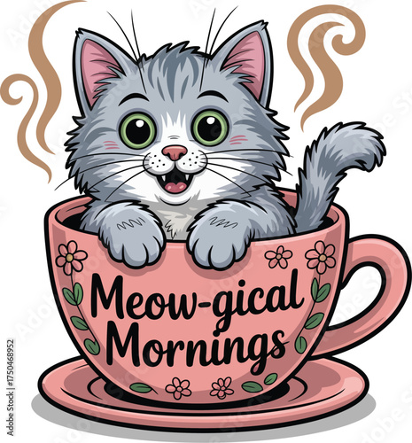 Adorable Cat in a Mug "Meow-gical Mornings" Cartoon Illustration