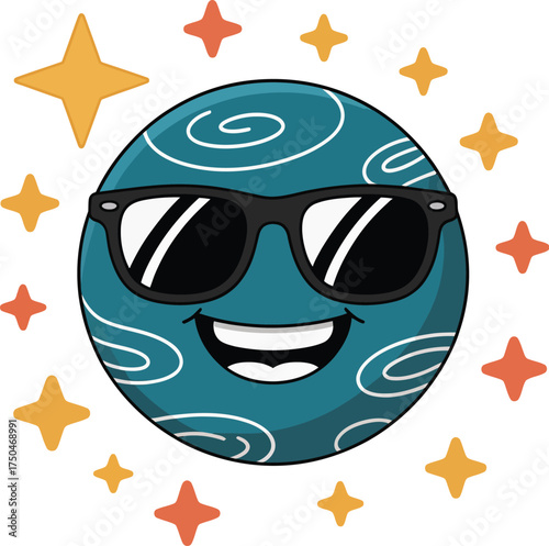 Cool smiling blue planet in sunglasses, a vibrant cartoon vector art