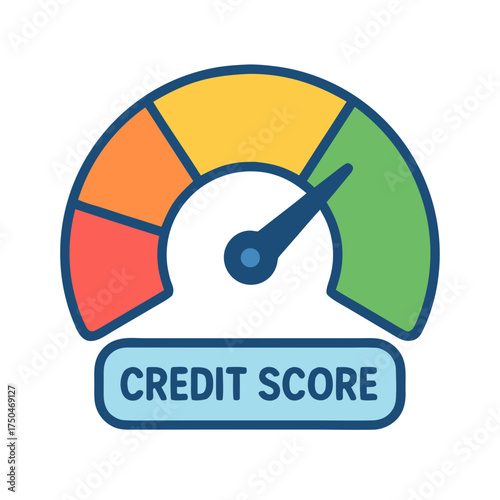 Credit score gauge with colorful scale indicators and needle  isolated on white background