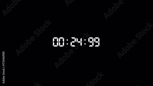 30 seconds countdown animation with transparent background, countdown timer from 30 seconds to 0 with minute, seconds and milliseconds, thirty seconds countdown timer with alpha channel in 4k.	