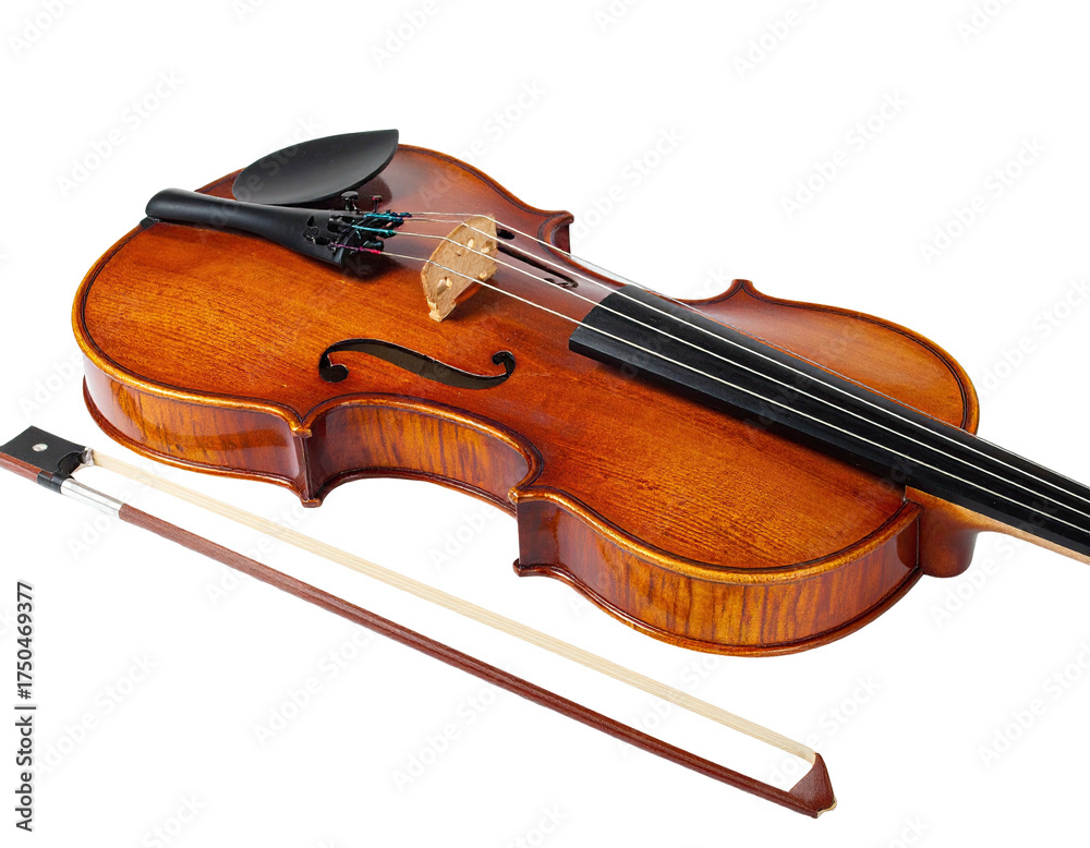 Fototapeta premium Close-up of a polished wooden stringed instrument and its bow, set against black