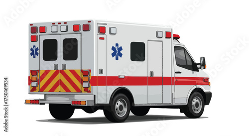 Rear three-quarter view of a white ambulance with red stripes and blue medical symbols against a clean white background.