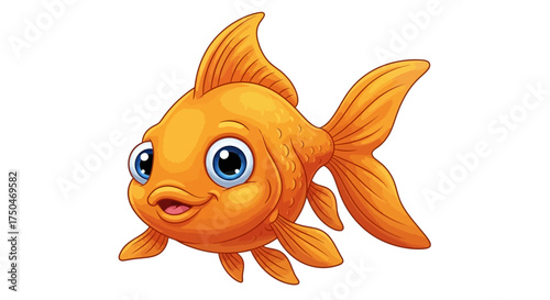 A cute and happy cartoon goldfish character with big friendly eyes