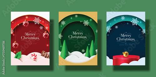 Papercut and Modern Merry Christmas greeting card set in red, green, and blue with snow, pine trees, ornaments, and festive lights. Elegant holiday background perfect for cards and banners.