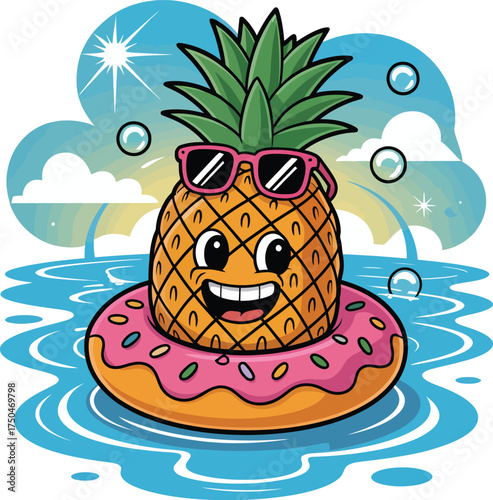 Cheerful Pineapple Floating on a Donut Summer Fun Cartoon Vector Art