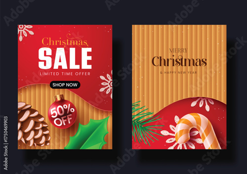 Modern Christmas sale and greeting card design with red and corrugated brown texture. Features pinecones, holly, candy cane, and festive typography. Perfect for holiday promotions, posters, and banner