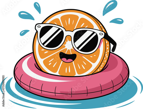 Vibrant cartoon orange slice with sunglasses enjoying a summer swim in a pink inflatable ring