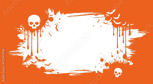 Spooky Halloween Grunge Frame Background with Skulls, Bats, and Dripping Blood Effect