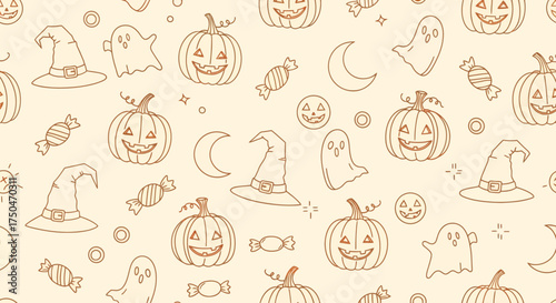 Seamless Halloween pattern with hand-drawn doodle pumpkins, ghosts, and witch hats on a light background