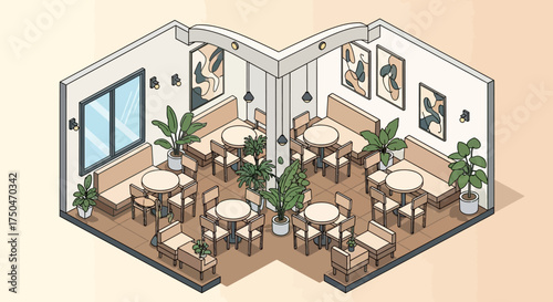Restaurant interior with tables and chairs, plants and art.