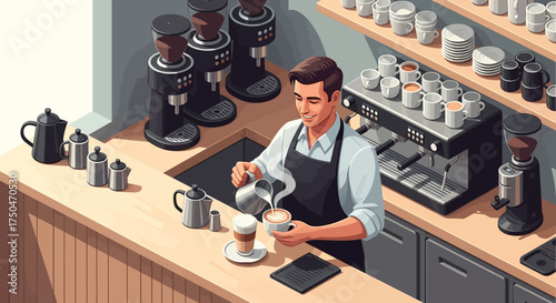 Barista pouring milk into coffee cup creating latte art.