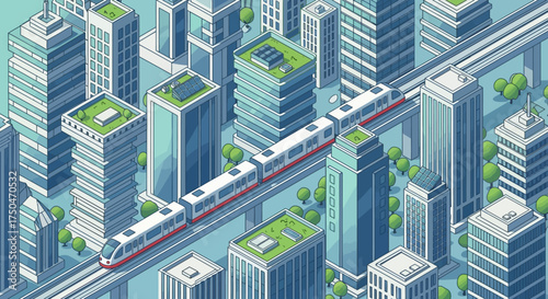 Modern Cityscape with Eco-Friendly Buildings and High-Speed Train.