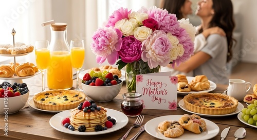 Mothers Day Brunch with Flowers and Delicious Food.