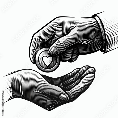 Hand giving a coin with a heart symbol to another hand in black and white style for Giving Tuesday
