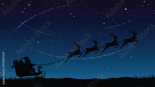 Silhouette of Santa's sleigh and reindeer flying across a starry night sky with a dark landscape
