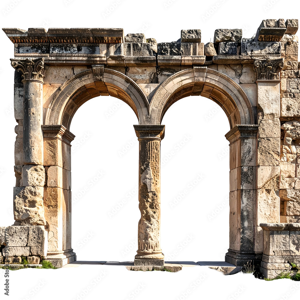 Obraz premium Weathered ancient archway with two arched openings, pillars, and detailed stone carvings