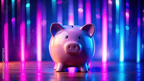 Fototapeta Naklejka Na Ścianę i Meble -  Colorful piggy bank on blue background with pink and purple neon lights surrounding it