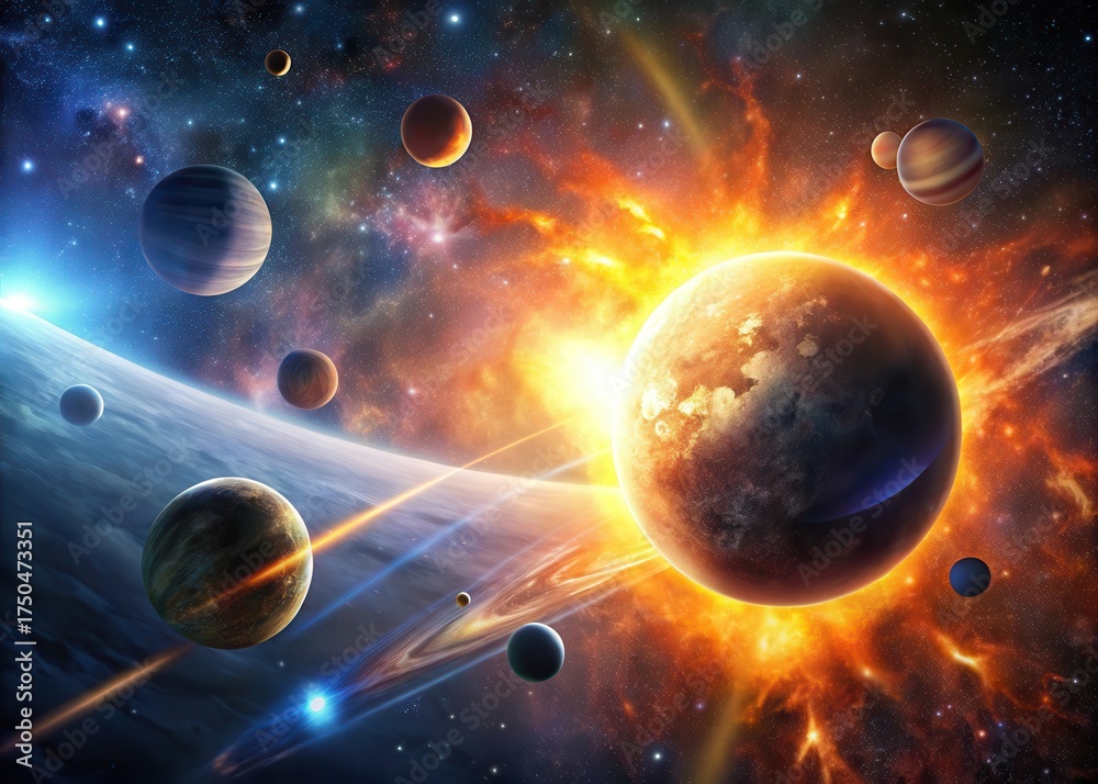 Obraz premium Planetary collision in orbit around a distant star with debris scattered across the sky