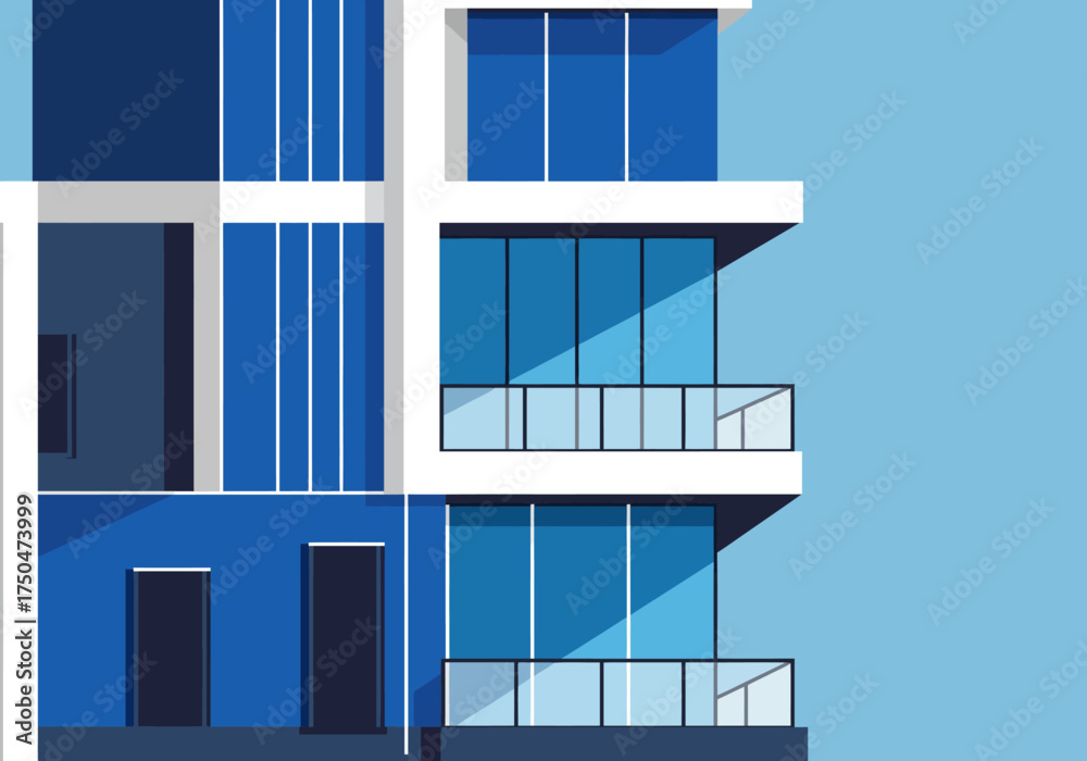 Obraz premium Modern Blue and White Building Facade with Balconies.