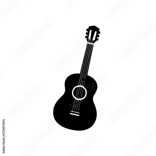 A beautiful and clean black and white vector icon featuring a silhouette of traditional Romani musical instruments, such as a tambourine or a Spanish (flamenco-style) guitar