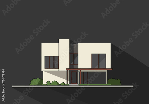 Modern Two-Story House with Flat Roof and Large Windows Illustration.
