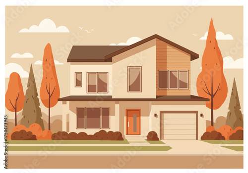 Modern Two-Story House with Garage and Autumn Trees Illustration.