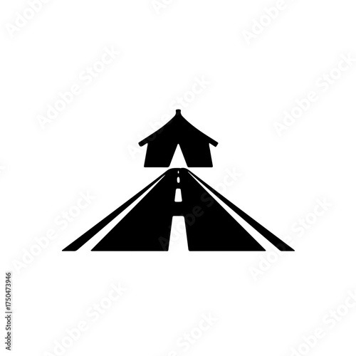 A simple, striking black and white vector icon depicting a clear road or path leading toward a small, recognizable silhouette of a traditional Romani caravan (Vardo) or tent