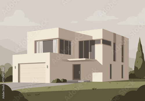 Modern Two-Story House with Flat Roof and Integrated Garage.