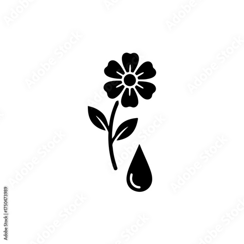 A simple, yet deeply moving black and white vector icon depicting a delicate flower (such as a stem or leaf) with a single teardrop or droplet falling from it