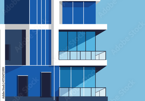 Modern Blue and White Building Facade with Balconies.