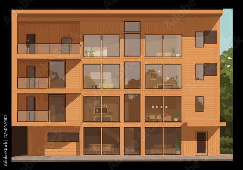 Modern Wooden Apartment Building with Large Windows and Balconies.