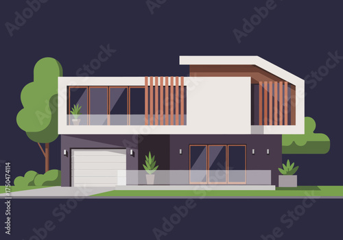 Modern Two-Story House with Balcony and Garage Illustration.