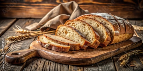 Crusty bread slices on a wooden board with a rustic texture and natural lighting
