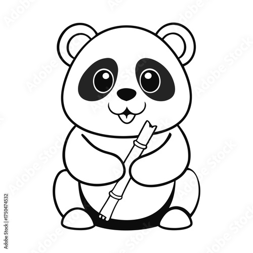 A cute panda cartoon munches happily on fresh bamboo, sitting with big eyes and a playful smile, perfect for a fun and engaging coloring page for all ages.
