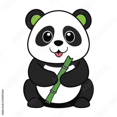 A cute panda cartoon munches happily on green bamboo, sitting contently with big round eyes and a playful smile, radiating charm and innocence.
