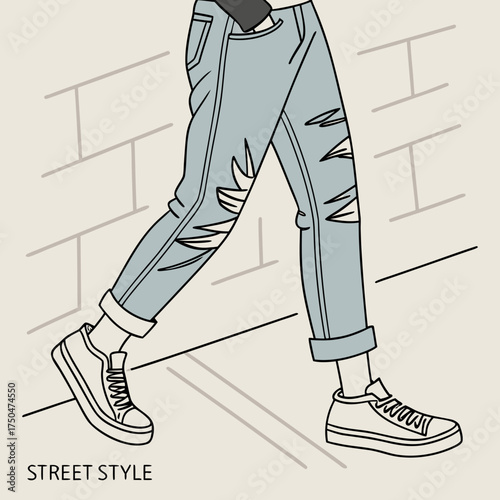 A stylish illustration of a person walking with ripped light blue jeans cuffed at the ankles and white sneakers against a brick wall background representing urban street style