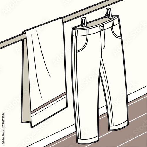 A clean white towel and a pair of light colored pants are hanging on a clothesline to dry in a simple cartoon illustration