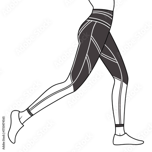 A stylized illustration of a woman s legs wearing dark grey athletic leggings with white geometric paneling and stripes in a dynamic pose