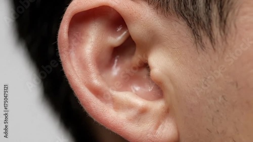 Extreme Close Up of a Human Ear Under Bright Studio Lighting on White Seamless Background for Anatomy Educational or Medical Purposes