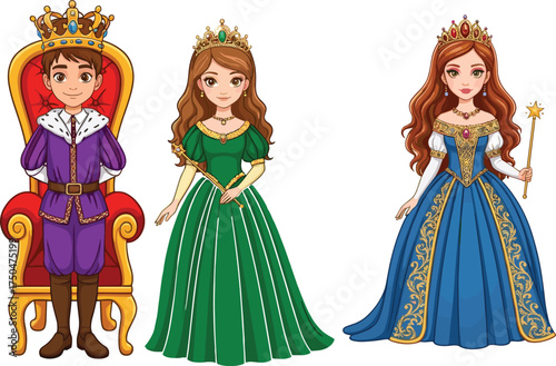 Royal children in fantasy costumes, king on throne, queens in elegant gowns, fairy tale characters, crown, wand, medieval dress, animation