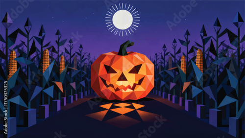 Illustration Of A Giant Pumpkin In The Middle Of A Cornfield, Glowing Under The Moon, Halloween Fantasy Atmosphere Vector Design Template