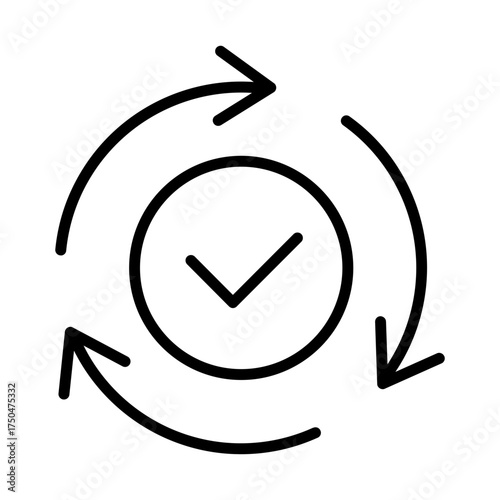 Black round checking process sync approved line icon, simple turning arrows syncing flat design pictogram vector for app logo ads web button ui ux interface elements isolated on white background