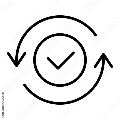 Black round checking process sync approved line icon, simple turning arrows syncing flat design pictogram vector for app logo ads web button ui ux interface elements isolated on white background