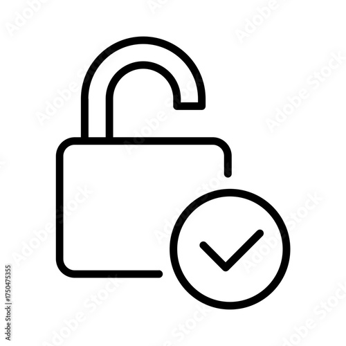 Single black unlock successful line icon, simple release lock approved flat design pictogram vector for app ads web banner button ui ux interface elements isolated on white background