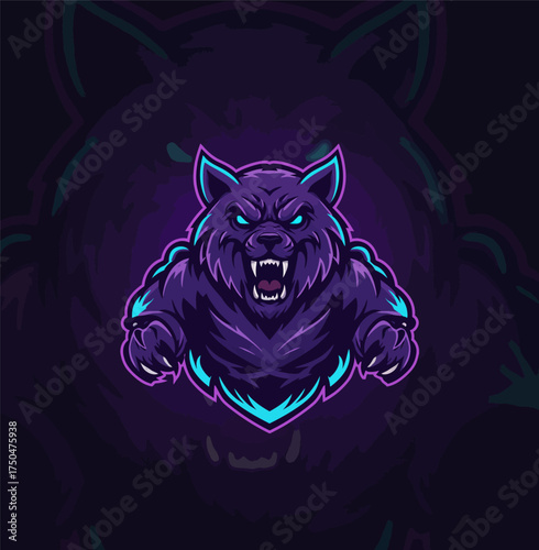 Intense wild wolf beast illustration in striking purple and blue tones, capturing a powerful and intimidating presence for dynamic branding or competitive team identities