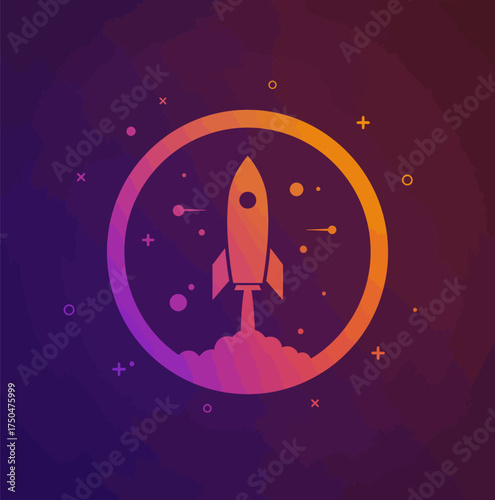 Vibrant graphic of a rocket launching within a circular frame, embodying technological innovation, startup success, and dynamic progress towards future goals