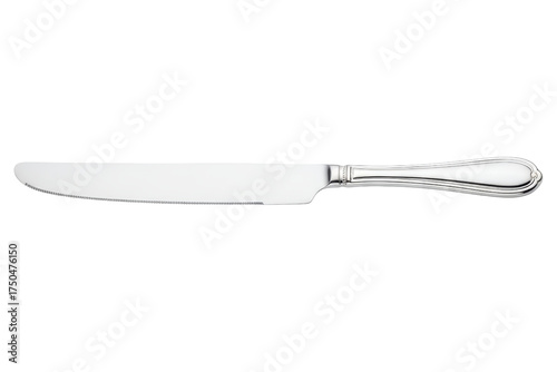 Classic silver dinner knife with a serrated blade and ornate handle isolated on a transparent background