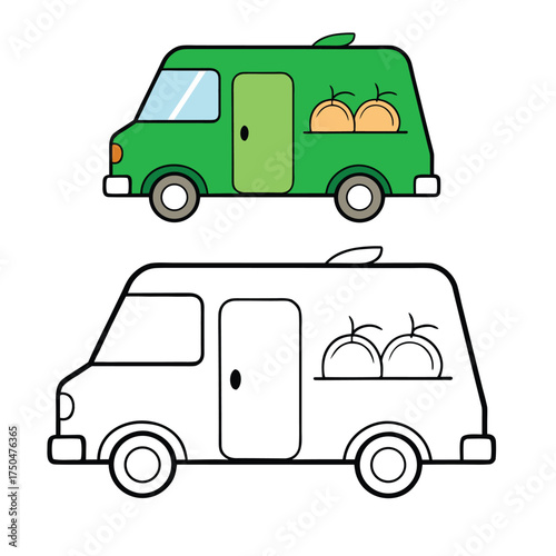 A green fresh food delivery van coloring page featuring a cheerful vehicle loaded with fruits and veggies, symbolizing healthy, eco-friendly produce delivery and freshness.
