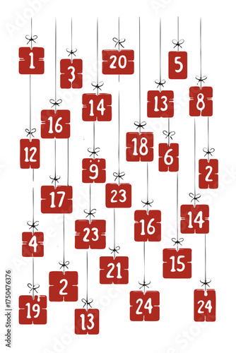 A festive hand drawn red advent calendar with numbered gift boxes hanging against a black background for christmas countdown